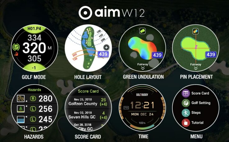 Detailansicht der GolfBuddy AIM W12 GPS Golf Uhr mit Funktionen.