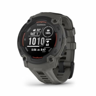 Graue Garmin Smartwatch mit robustem Design und digitalem Display.