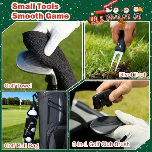 Set mit Golftuch, Divot-Werkzeug, Golfballtasche und Bürste.