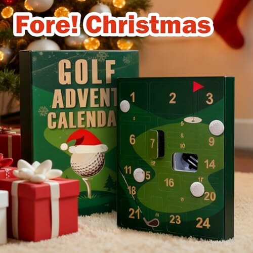 Golf-Adventskalender mit Geschenken und Weihnachtsbaum