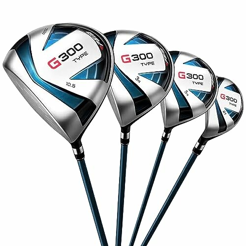 Vier Golfclubs G300 Type mit silbernen und blauen Schäften