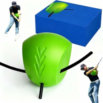 Golf-Trainingshilfe mit grünem Gerät und blauer Box