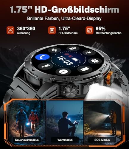 Smartwatch mit HD-Großbildschirm und verschiedenen Modi.